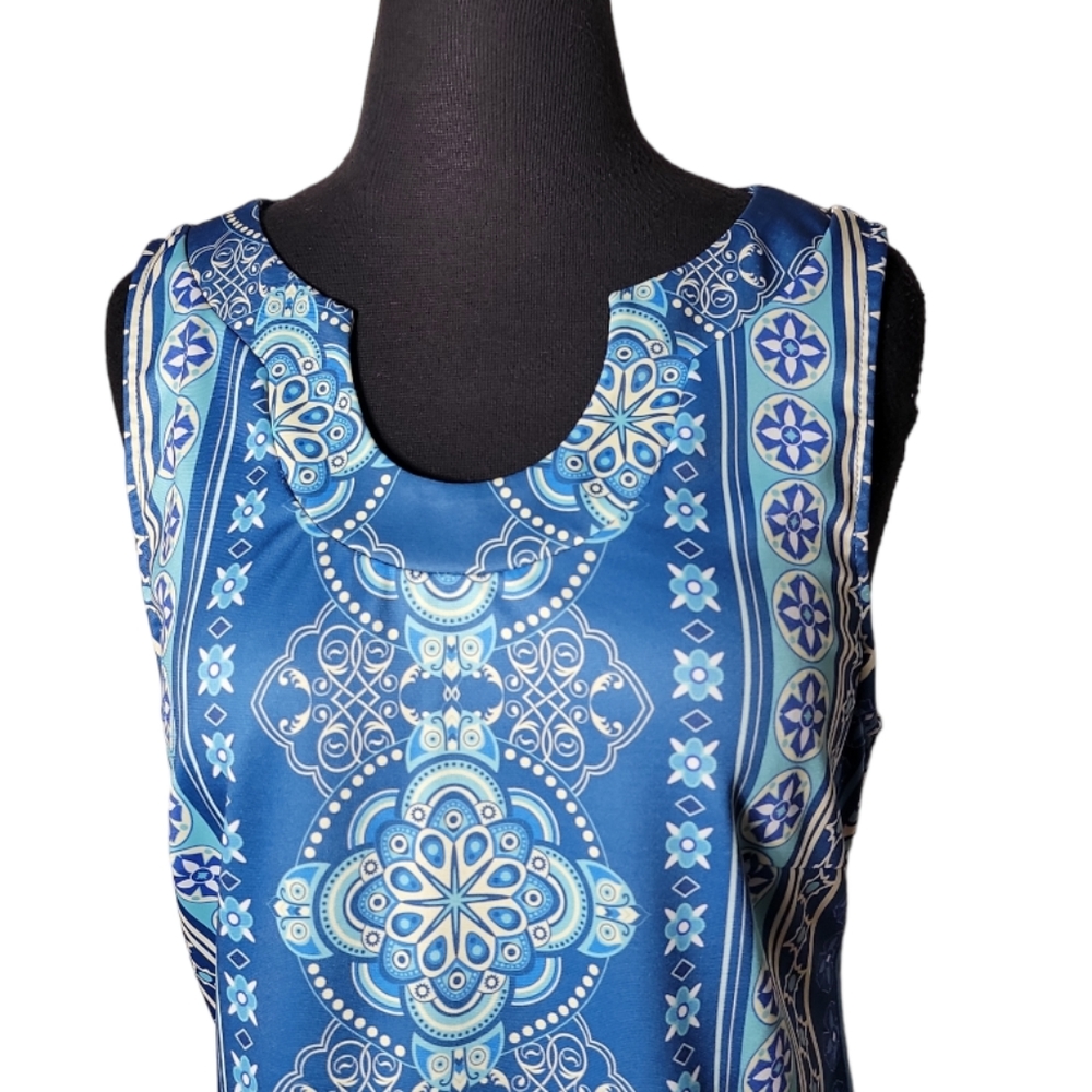 Papillon Blanc women's medium blue white paisley printed aleeveless shift dress - Picture 3 of 6